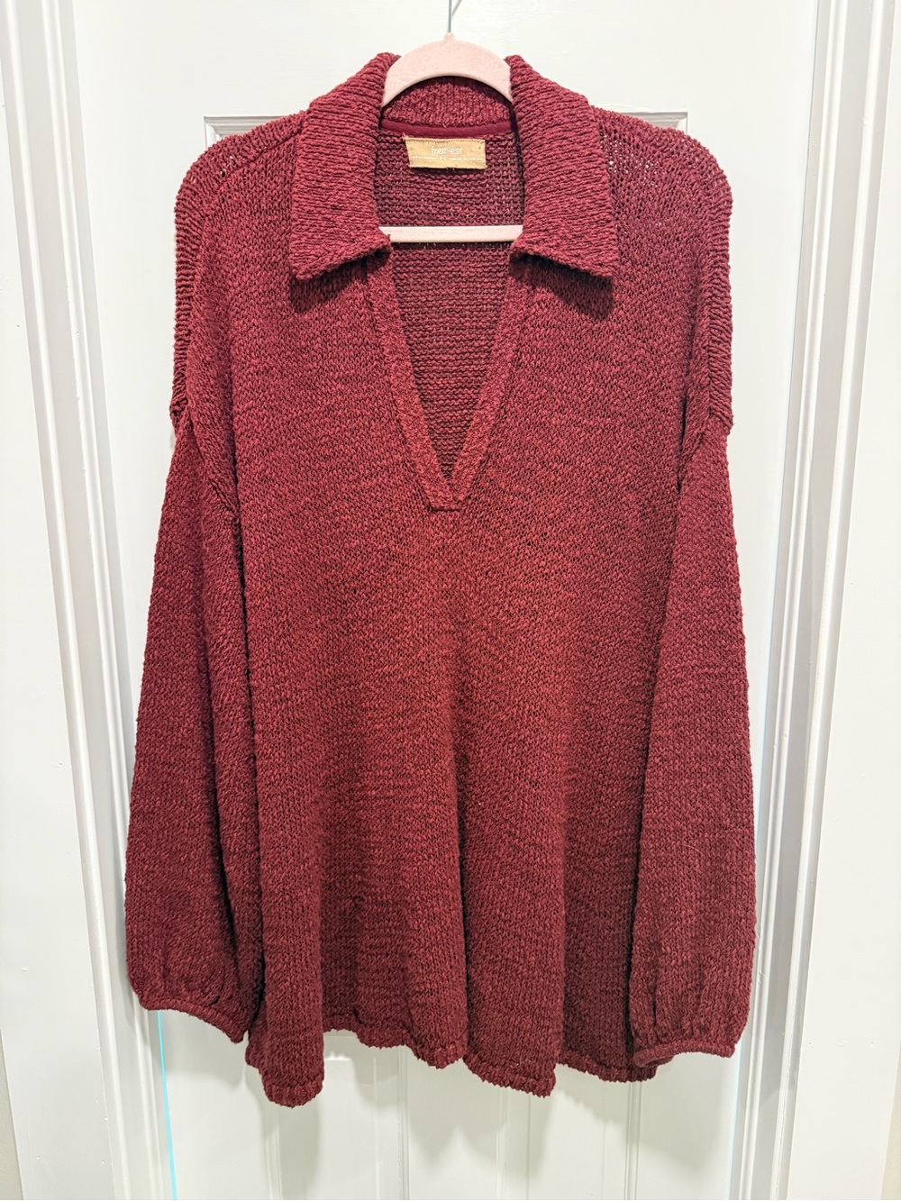 Free People Textured V-Neck Collared Sweater - Burgundy